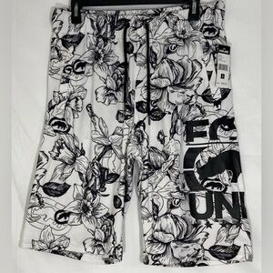Ecko Unltd Men's Fleece Shorts, White Floral, Black Rhino Ecko Logo Size Small